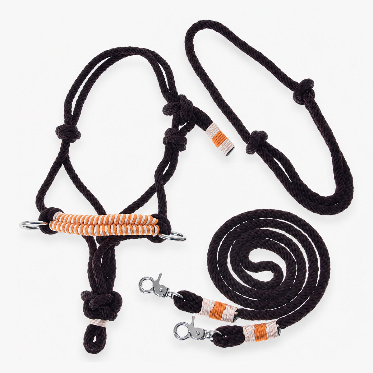 Hobby Horse Rope set Orange by LarDen with brown rope halter, orange and white wraps, and matching lead
