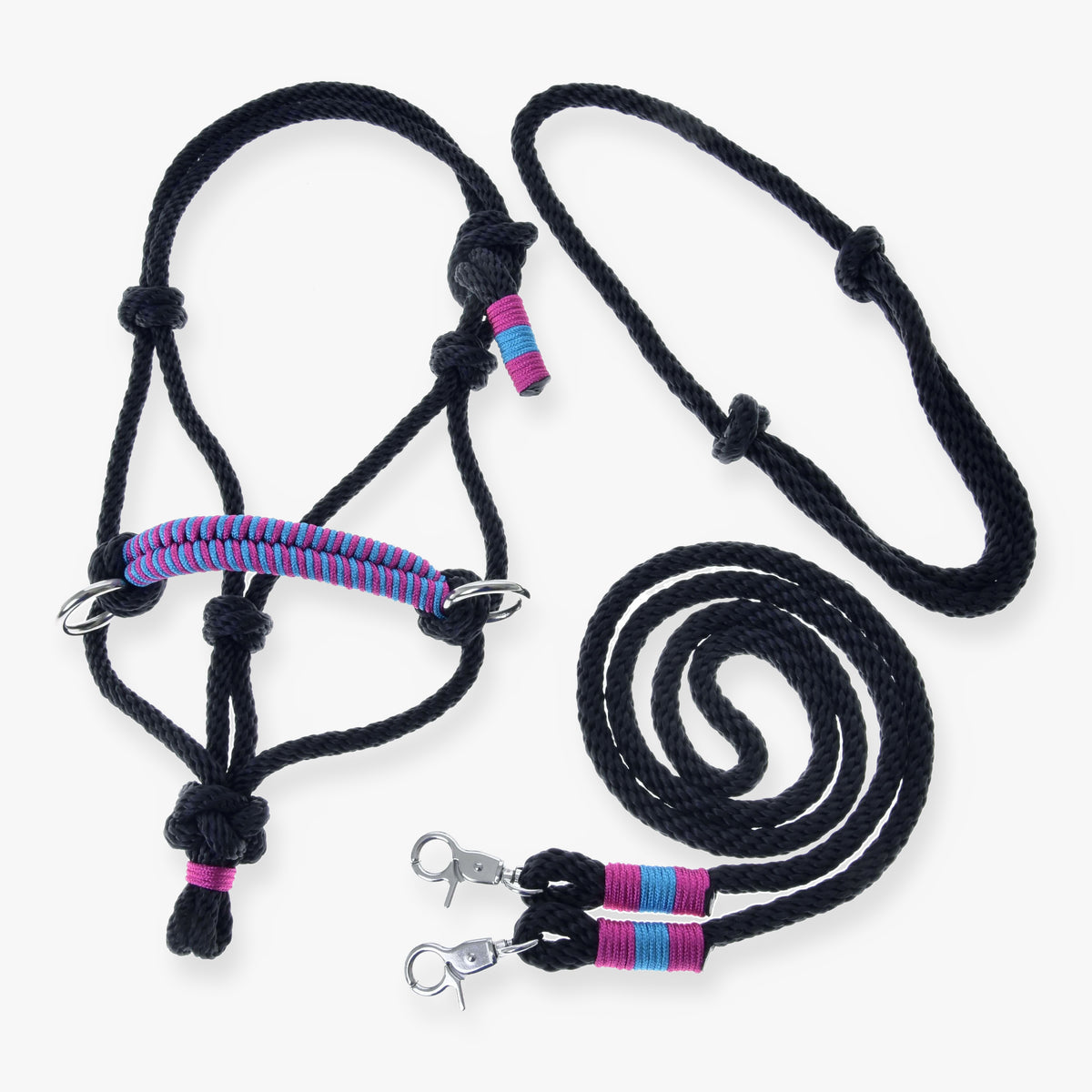 Hobby Horse Rope set Princess by LarDen, black rope halter and lead with pink and turquoise wraps