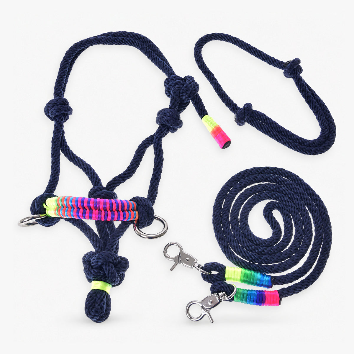 Hobby Horse Rope set Rosemary by LarDen with navy blue rope halter, matching lead and neon thread details