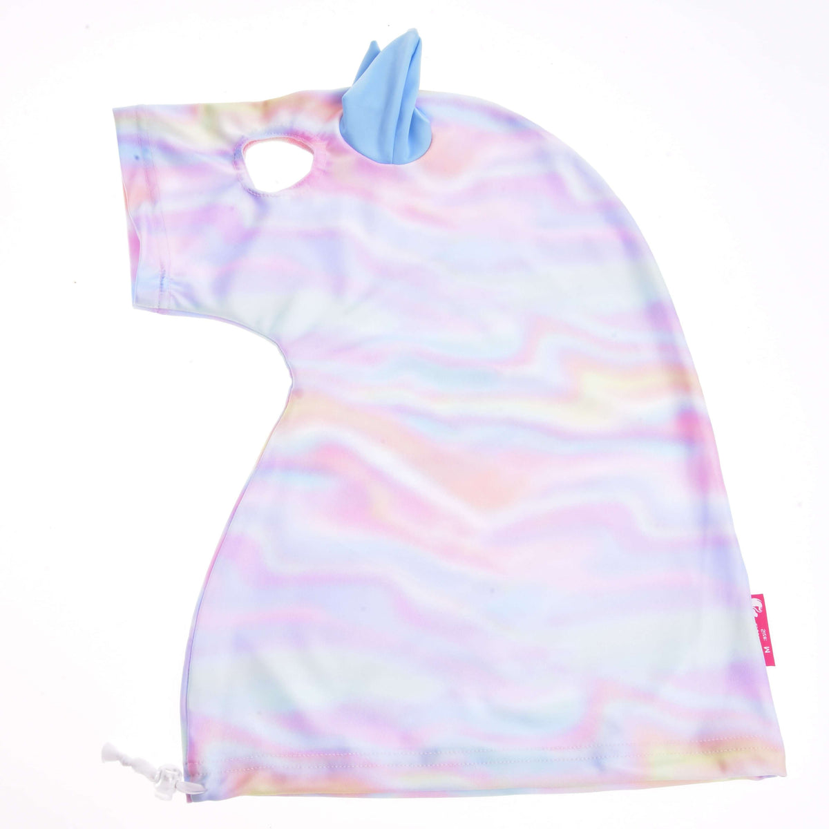 Protective suit Rainbow laid flat, a horse-head-shaped pastel swirl cover with a light blue ear, eye opening and drawstring