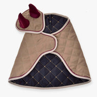 The Set Roma by Hobby Horse LarDen is a beige and navy blue quilted pet coat with diamond stitching, white trim, and dark red ear accents on the hood—ideal for pets who love cozy blanket set comfort.