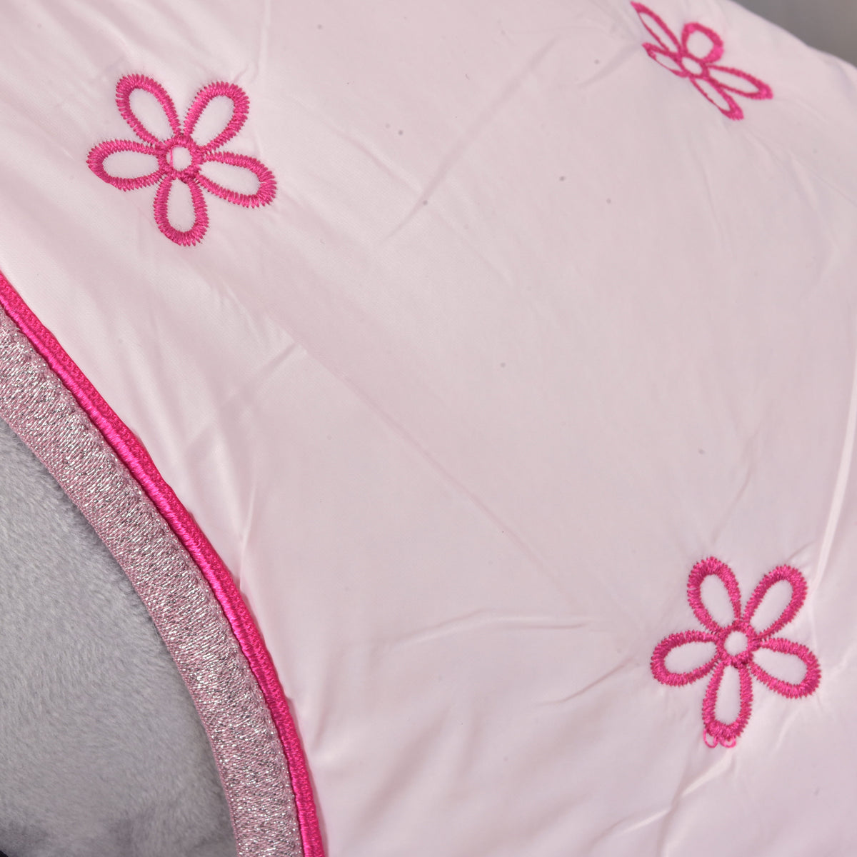 Hobby Horse Stable Blanket Rosy close-up with pink embroidered flowers and silver glitter trim