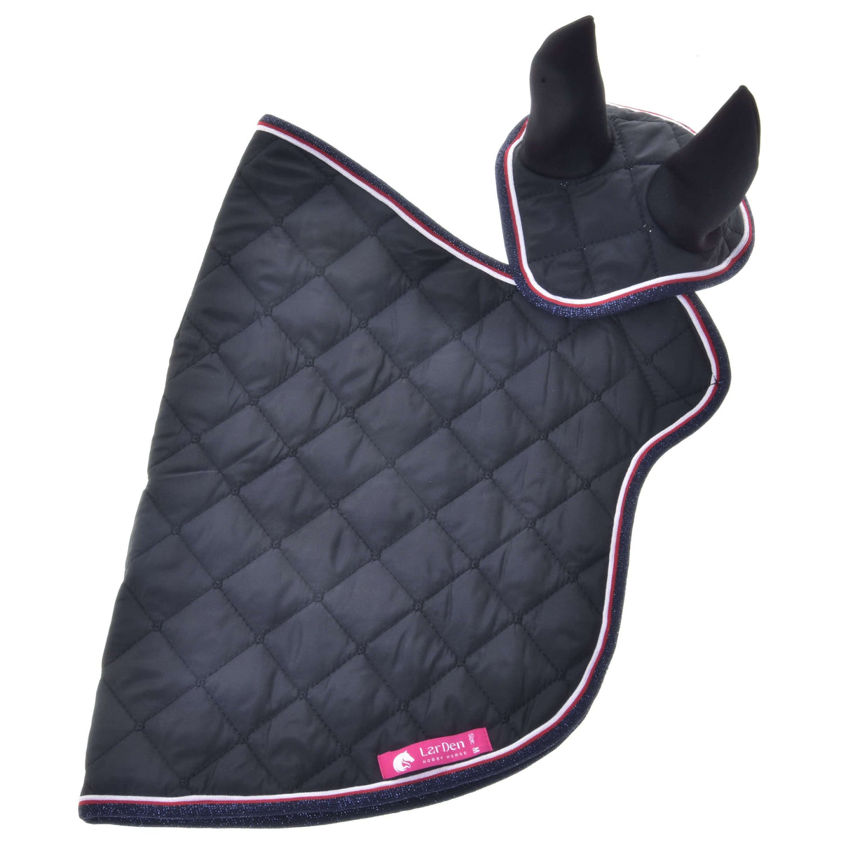 The Set Royal by Hobby Horse LarDen is a black quilted blanket with diamond pattern, pink and white trim, upright ear covers, and a pink bottom label—combining style and function for your horse.