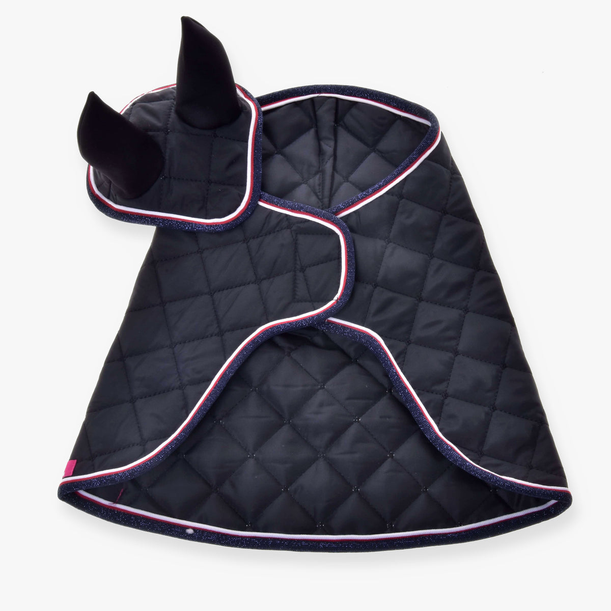 The Set Royal by Hobby Horse LarDen is a black quilted horse accessory with ear covers, trimmed in pink and glittery blue—perfect as a stylish blanket or ear bonnet set.