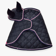 The Set Royal by Hobby Horse LarDen is a black quilted horse accessory with ear covers, trimmed in pink and glittery blue—perfect as a stylish blanket or ear bonnet set.