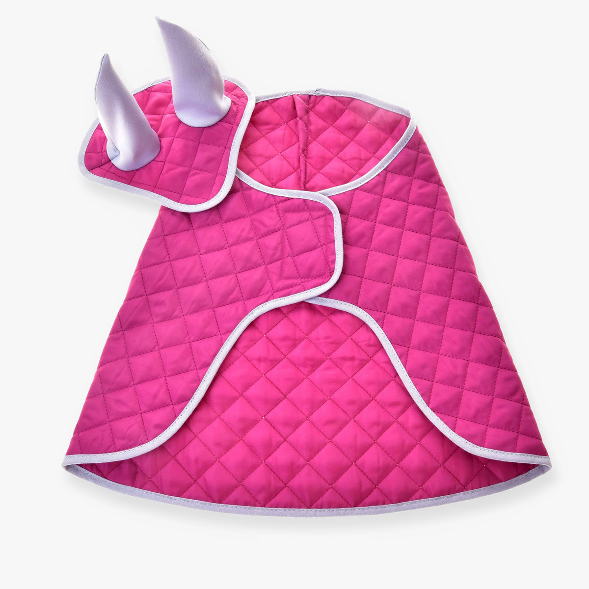 The Hobby Horse LarDen Set Hot Pink Silver is a quilted pet costume in vibrant pink, featuring white trim and silver accents, with plush horns on a matching hood—ideal for playful pets and perfect to pair with a cozy blanket set.