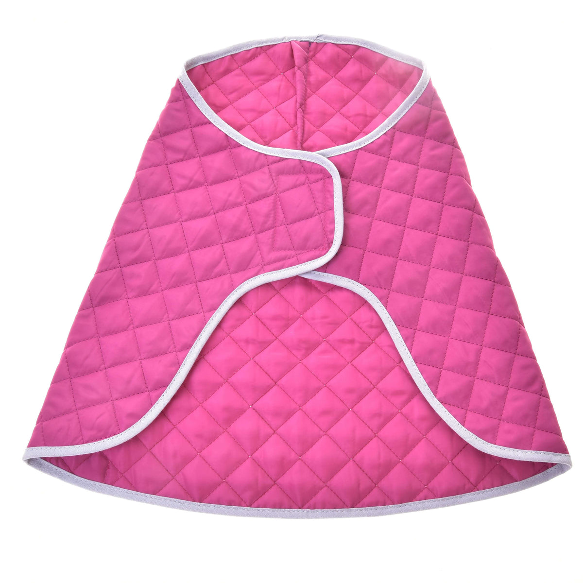 The Hobby Horse LarDen Set Hot Pink Silver is a quilted, bright pink cape with white trim and a diamond pattern, featuring a wrap-around front closure—perfect to pair with your favorite blanket set.