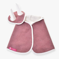 The Set Manchester Tea Rose by Hobby Horse LarDen is a pink textured pet costume with white trim, including a cape and an ear bonnet headpiece with two white horns, shown on a white background.