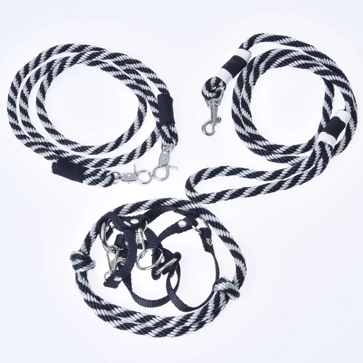 The Set Start Black by Hobby Horse LarDen includes a halter, cordeo, lead rope, and reins—each black with white stripes and silver clips—displayed on a white background with one coiled and the others loosely looped.