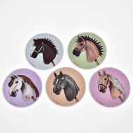 Five round Set Stickers New from Hobby Horse LarDen, each with an illustrated hobby horse head, are arranged in a circle with pastel blue, green, purple, beige, and pink backgrounds.