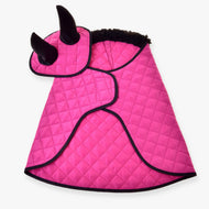 The Set Thermo Pink by Hobby Horse LarDen is a pink quilted pet coat with black trim and a hood featuring two black plush horns, shown on a white background.