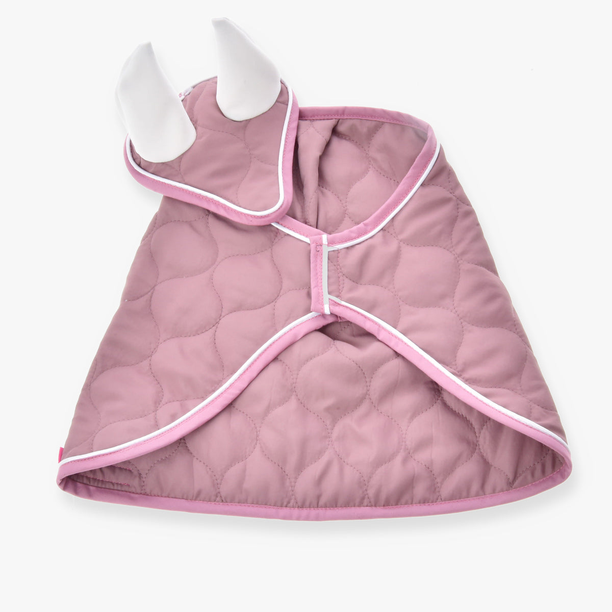The Hobby Horse LarDen Set Dusty Rose features a quilted light purple pet cape with white trim and two soft white horns on a matching collar, resembling a whimsical ear bonnet. Shown laid flat on a white background.