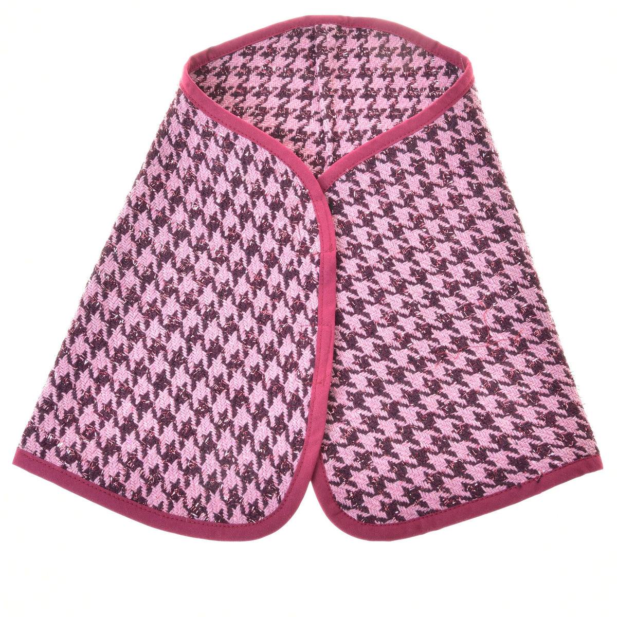 The Set festive Bordeaux by Hobby Horse LarDen is a pink and black houndstooth shawl with magenta trim, ideal as a chic Hobby Horse blanket, shown laid flat on a white background.