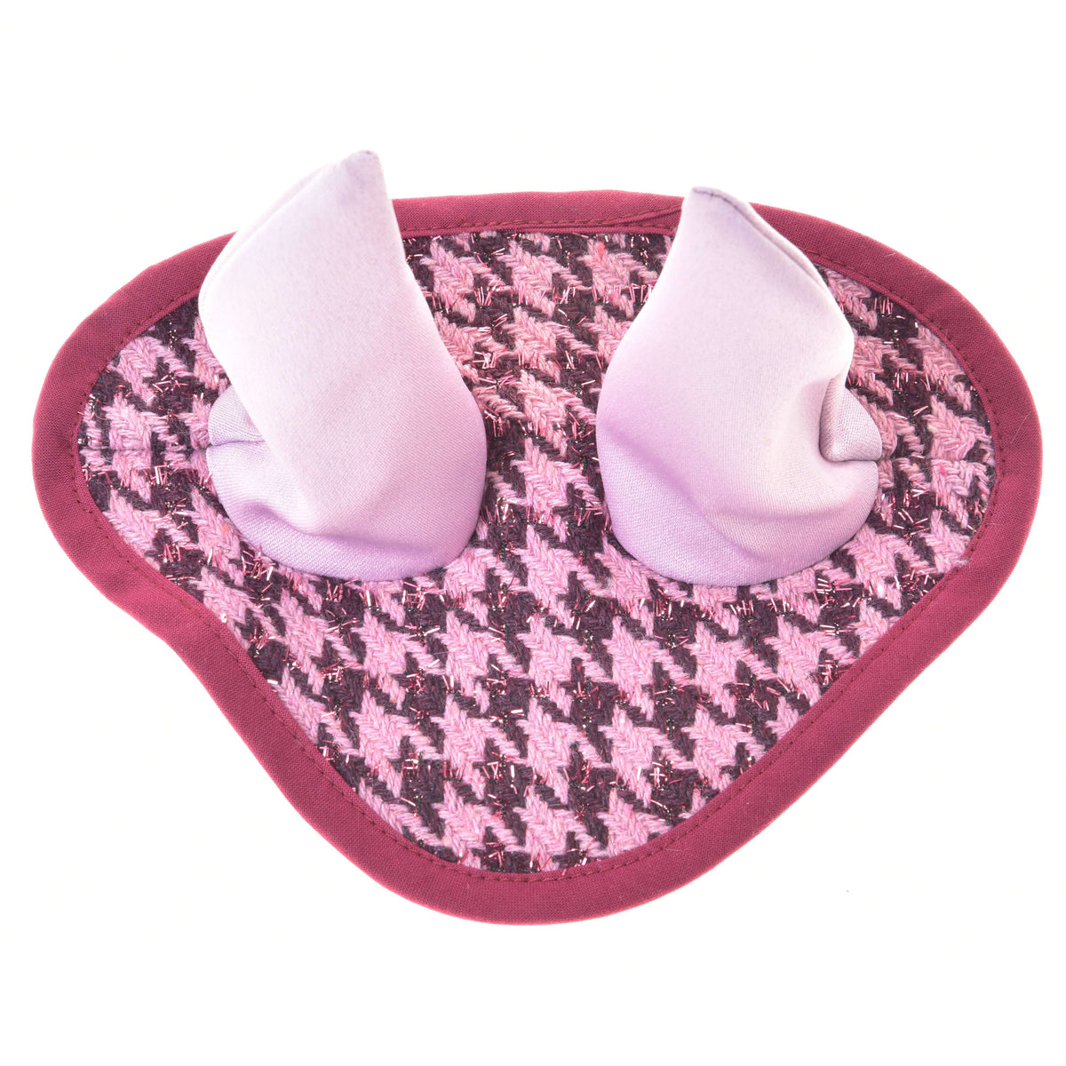 The Set festive Bordeaux by Hobby Horse LarDen is a pink houndstooth-patterned fabric pad with soft, light pink ear-like shapes and a dark pink border, ideal as an ear bonnet set or decoration for your Hobby Horse blanket.
