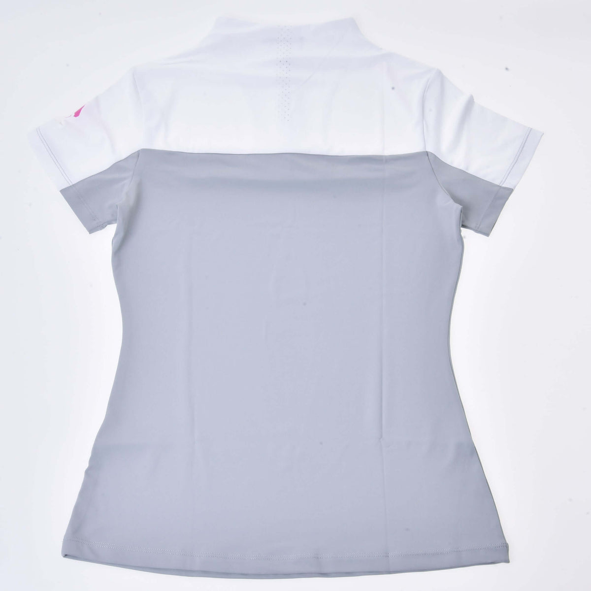 Back of the Hobby Horse T-Shirt Premium laid flat, white shoulders over a light grey body and short sleeves