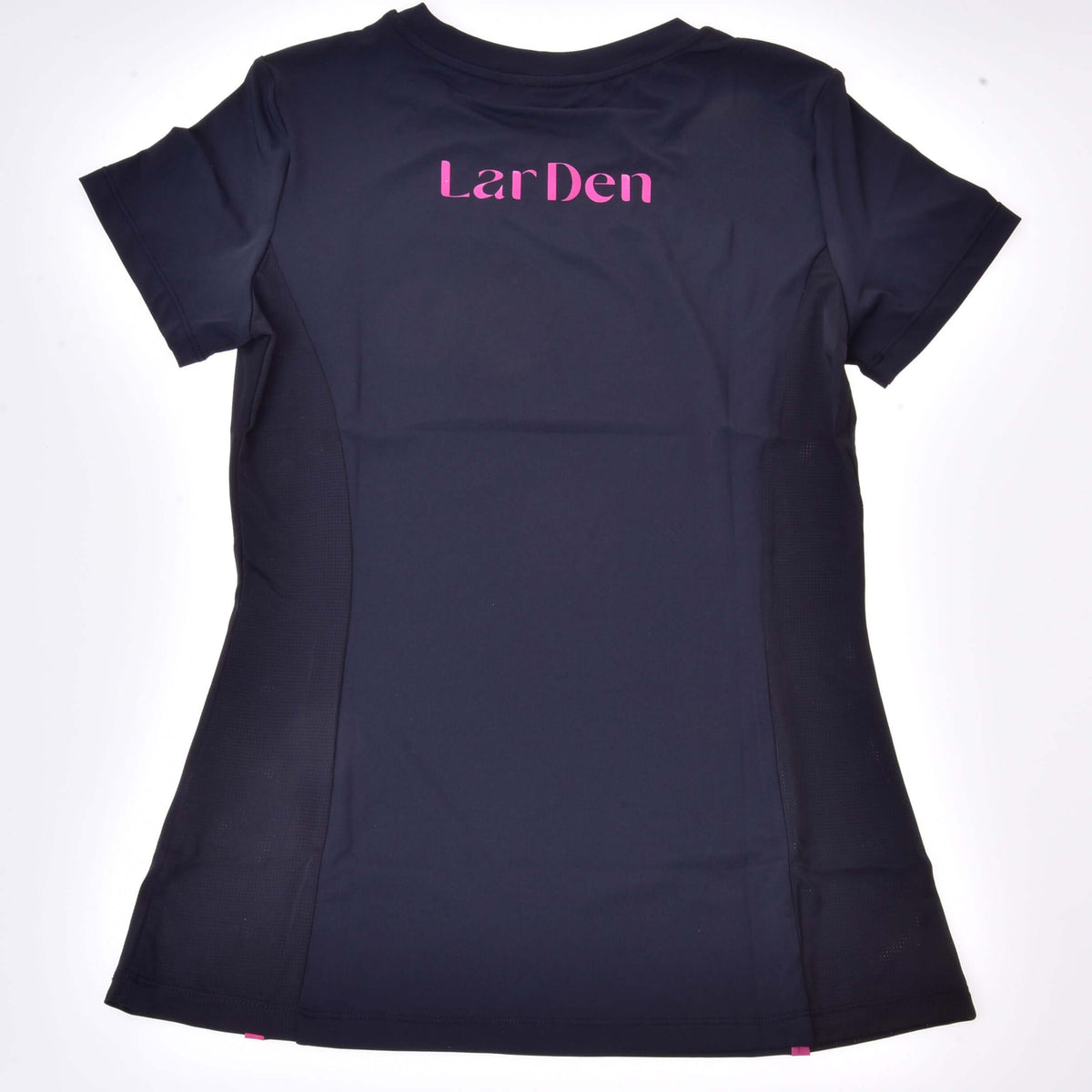 A black LarDen Active T-shirt from Hobby Horse LarDen, made of Spandex, is laid flat with "LarDen" in pink letters across the upper back.