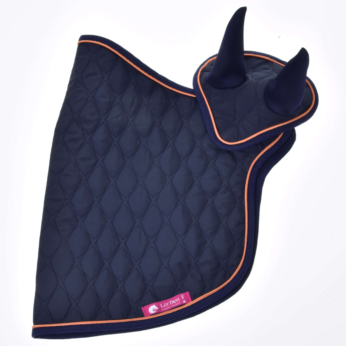 A navy blue quilted Set Winner ear bonnet by Hobby Horse LarDen with orange trim and two pointed ear covers, shown flat on a white background. Features a visible pink Ler Der tag—ideal as a stylish horse accessory.