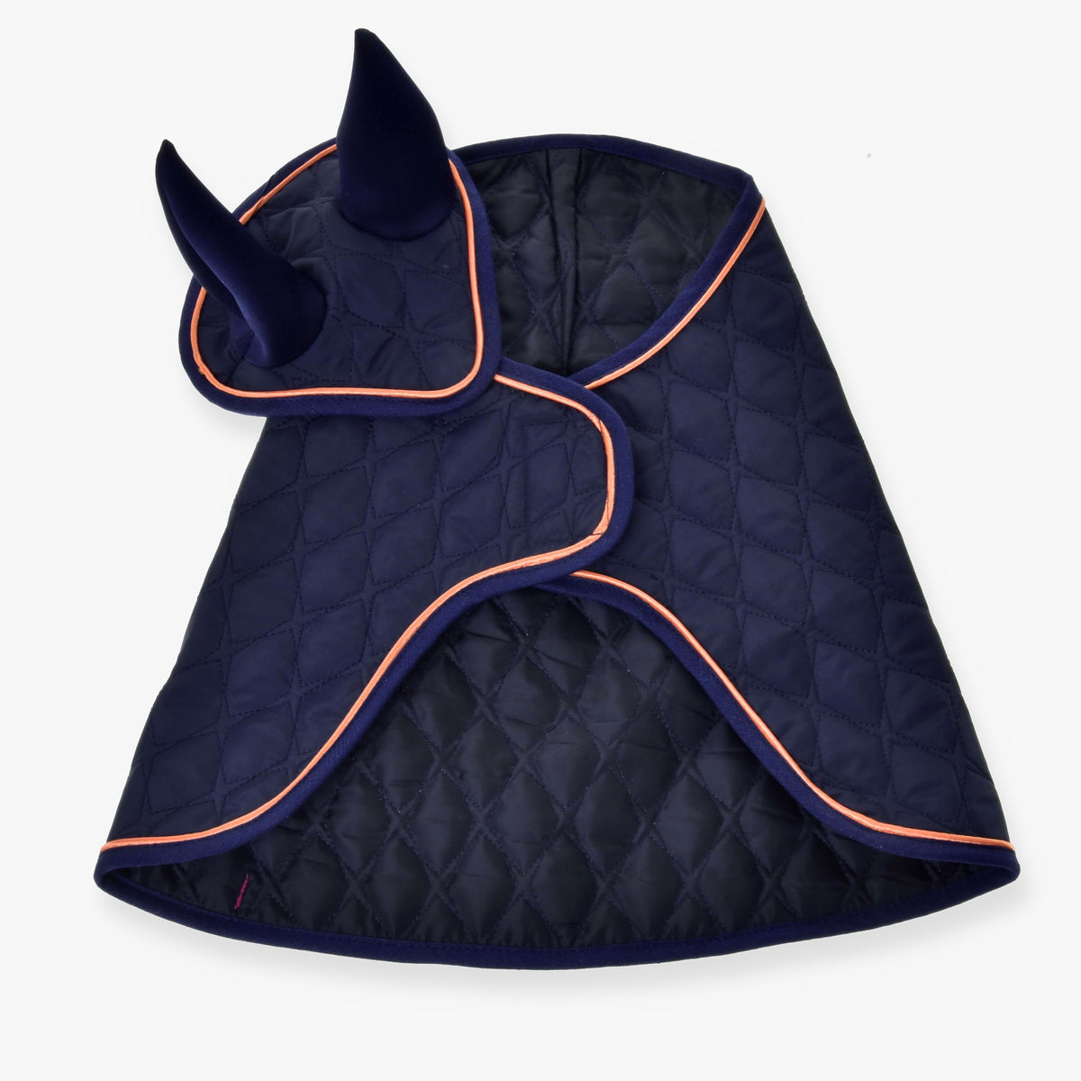 The Set Winner ear bonnet by Hobby Horse LarDen is a quilted navy blue design with orange trim, two upright ear covers, and a curved fit—perfect for stylishly covering your horse’s ears and part of its head.