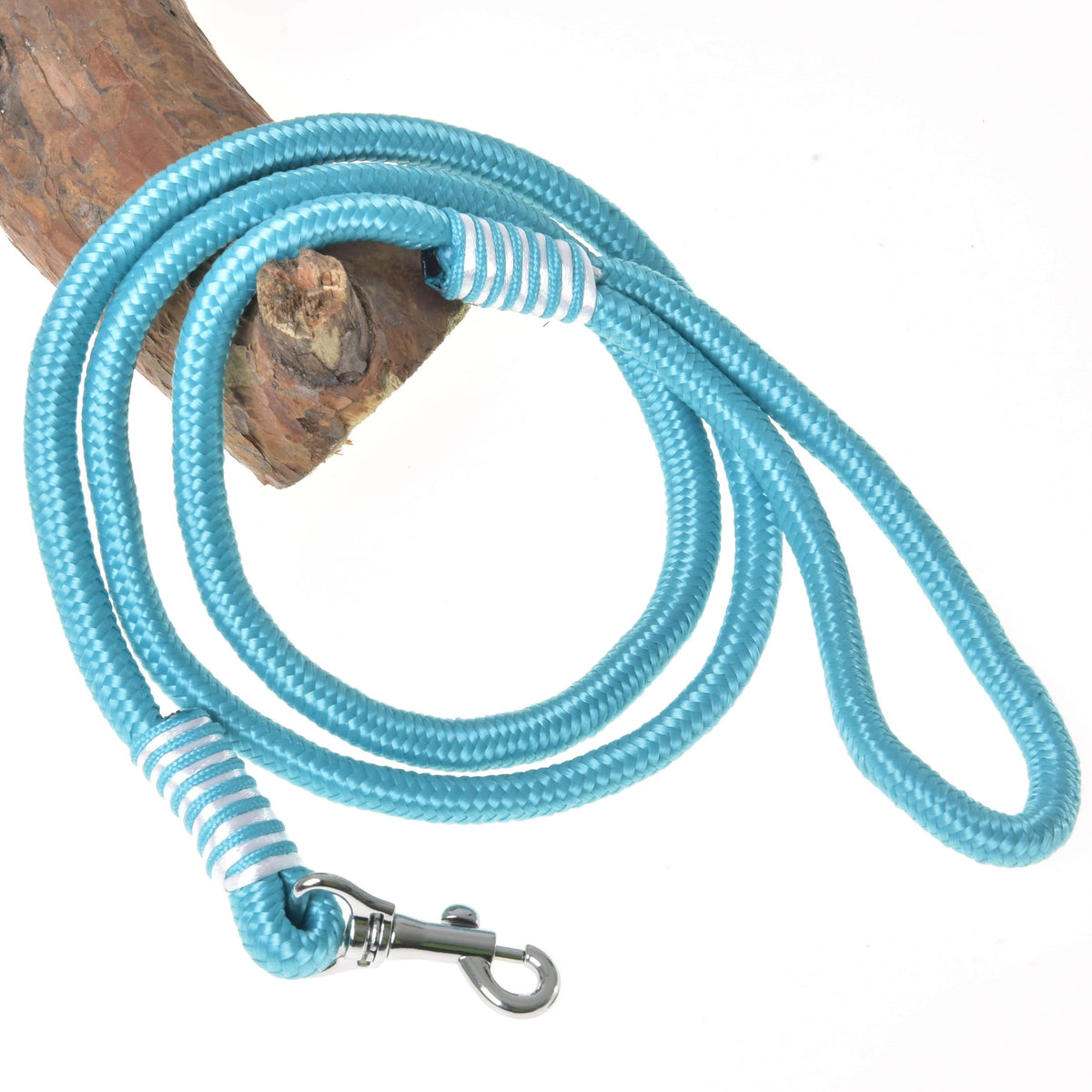 Hobby Horse rope stripe Atlantis by LarDen, turquoise lead rope with white striped wraps and a silver snap hook