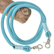 The Reins Atlantis by Hobby Horse LarDen features braided light blue polypropylene with metal clips at both ends, coiled around a wooden piece and shown on a white background. Perfect as hobby horse reins.