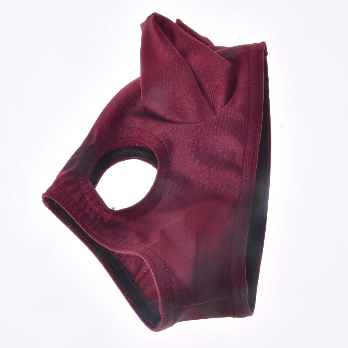 The Horse Mask Barn Red by Hobby Horse LarDen features an ear hole and pointed top, shown against a white background.