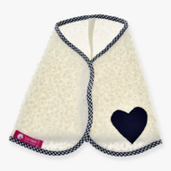 The Blanket cube blue by Hobby Horse LarDen is a blue textured baby bib with a black gingham trim, a black heart-shaped patch on one corner, and a pink tag—styled to evoke the coziness of a warm horse blanket.