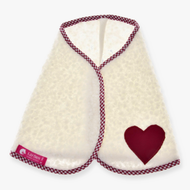 The Hobby Horse LarDen Blanket cube red is a white, textured cape with red checkered trim, a maroon heart patch, and a pink LarDen tag—perfect as a charming hobby horse blanket.
