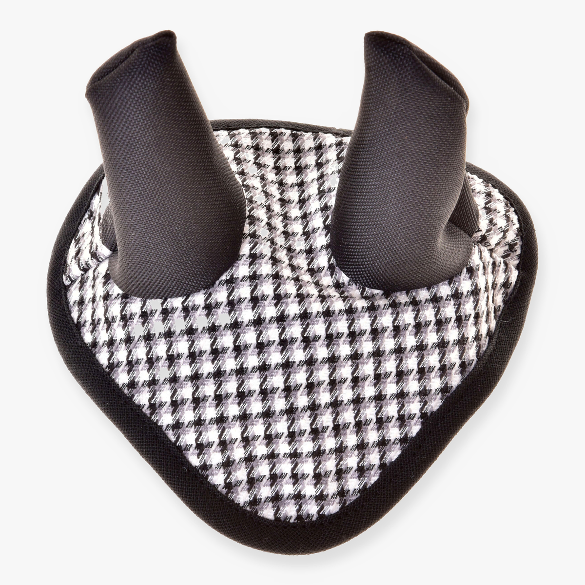 The Hobby Horse LarDen Ear Bonnet English Black Plaid features a black and white plaid pattern with two upright extensions and a rounded triangular base, providing stylish insect protection for your horse.