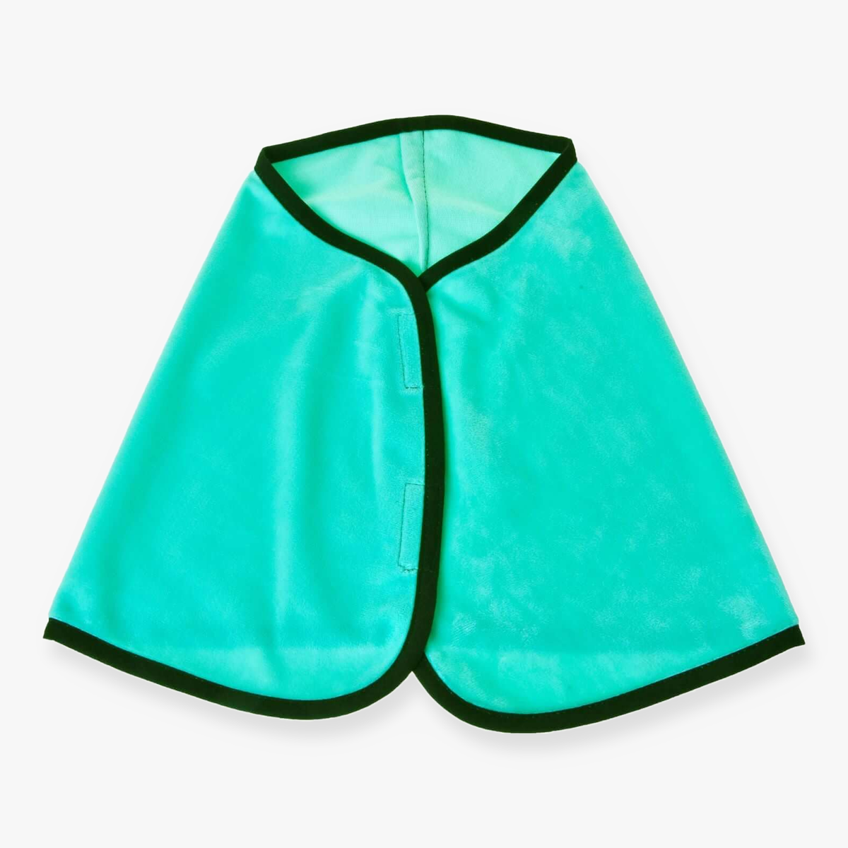 The Hobby Horse LarDen Blanket Mint cape, in bright turquoise with black trim and a V-shaped neckline, is laid flat on a white background. It fastens at the front with Velcro, making it ideal for horse training sessions.