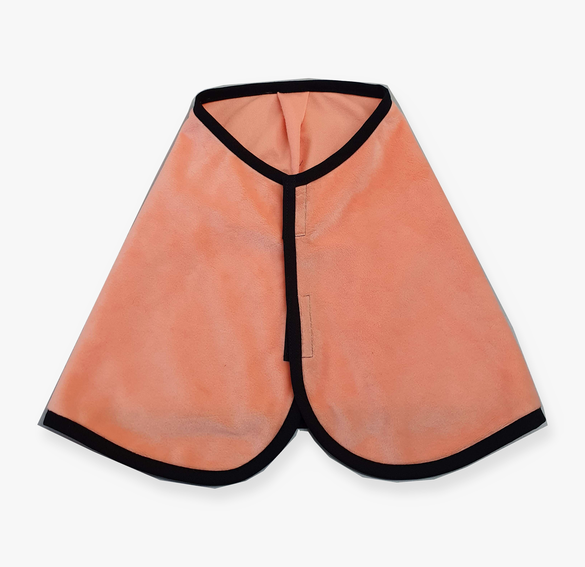 The Blanket Peach by Hobby Horse LarDen is a triangular orange cloth blanket featuring black trim on the edges and a front Velcro closure.