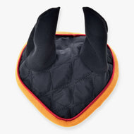 The Hobby Horse LarDen Ear Bonnet Flag DE is a quilted, heart-shaped black ear bonnet with two upright points and an orange rim, offering stylish insect protection in a playful, costume-like design.