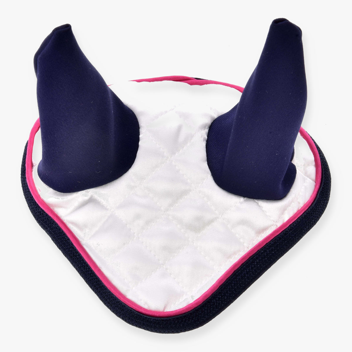 The Hobby Horse LarDen Ear Bonnet Number 1 features white quilted fabric, two dark blue ear-shaped sections, and a pink trim, resembling a classic ear bonnet for insect protection, shown against a white background.