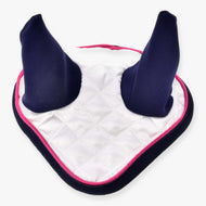 The Hobby Horse LarDen Ear Bonnet Number 1 features white quilted fabric, two dark blue ear-shaped sections, and a pink trim, resembling a classic ear bonnet for insect protection, shown against a white background.
