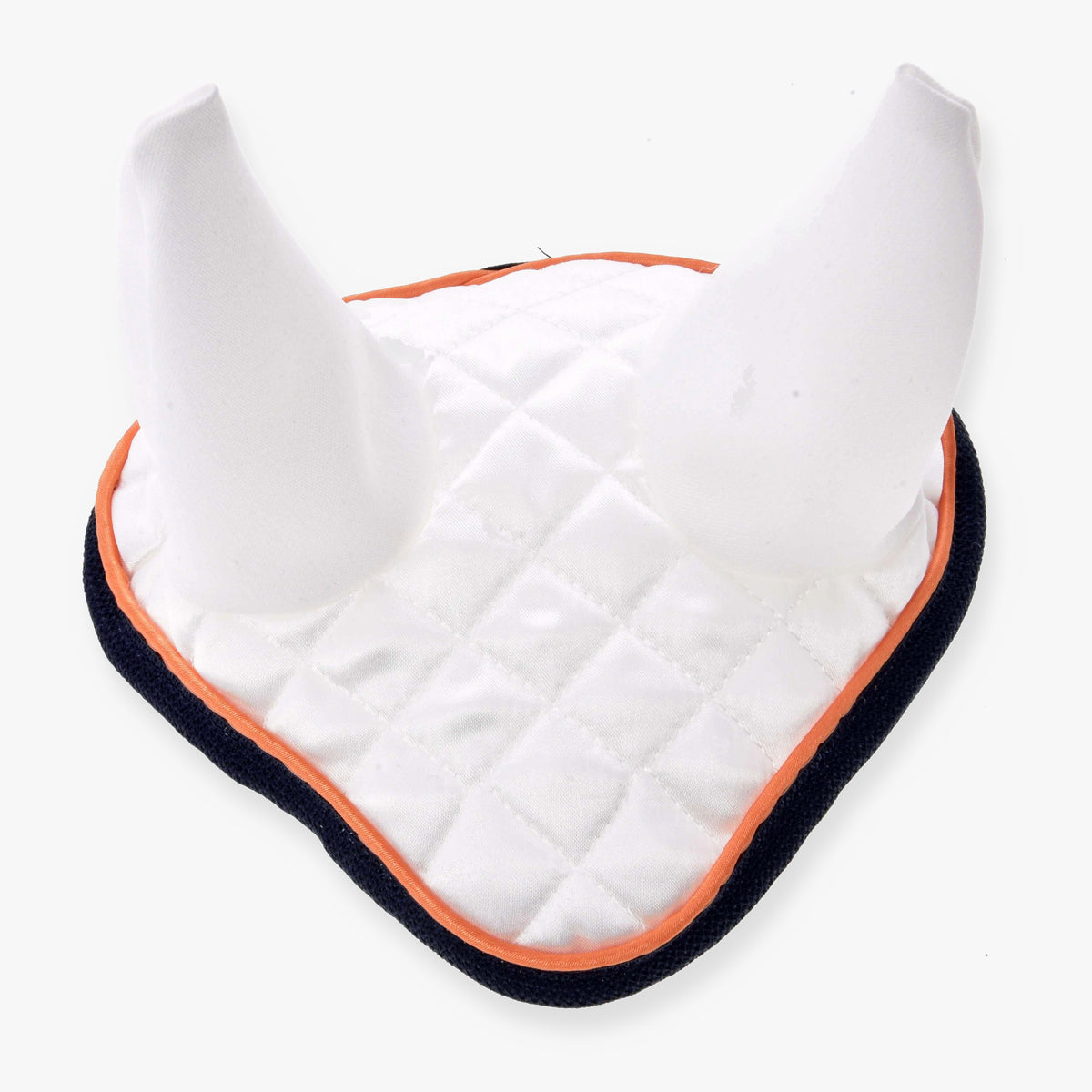 Hobby Horse Ear Bonnet Speedy by LarDen in white quilted satin with white ear covers, orange piping and navy binding