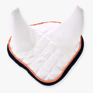 The Hobby Horse LarDen Ear Bonnet Speedy is a white, quilted, triangle-shaped pad with two upright fabric cones and orange trim, designed for fly protection and resembling a hobby horse ear bonnet.