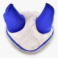 The Hobby Horse LarDen Ear Bonnet Cream Pearl is a white and blue bonnet with two upright pointed sections and silver trim, designed for hobby horses to provide insect protection. Photographed on a white background.
