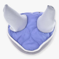 The Ear Bonnet Light Violett by Hobby Horse LarDen is a soft, light purple and gray ear bonnet with two pointed ears, quilted stitching, and white trim—ideal as a stylish accessory or fly protection for your hobby horse or horse.