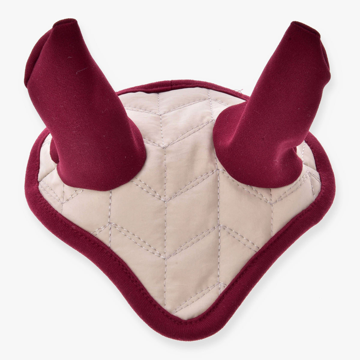 The Hobby Horse LarDen Ear Bonnet Maroon Star is a quilted, V-shaped ear bonnet with two maroon padded ear covers for insect protection, designed for Hobby Horses and shown against a white background.