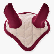The Hobby Horse LarDen Ear Bonnet Maroon Star is a quilted, V-shaped ear bonnet with two maroon padded ear covers for insect protection, designed for Hobby Horses and shown against a white background.