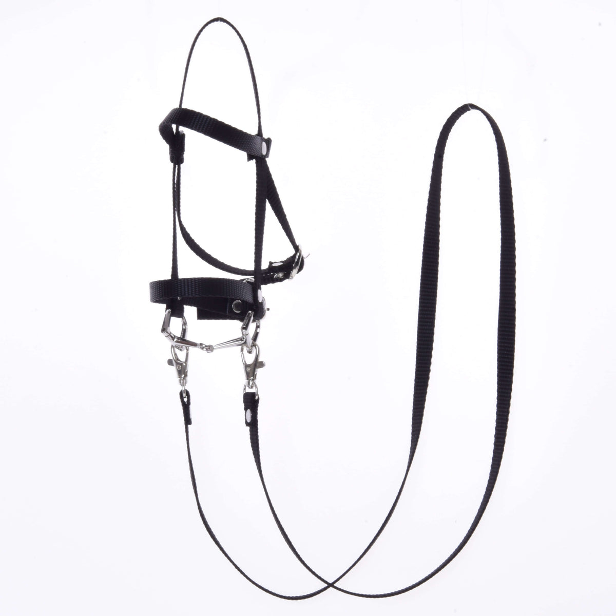 The Hobby Horse LarDen Black bridle with reins from strap II, complete with metal clips, attached reins, and a lead rope, is displayed suspended against a white background.