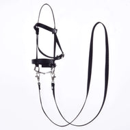 The Hobby Horse LarDen Black bridle with reins from strap II, complete with metal clips, attached reins, and a lead rope, is displayed suspended against a white background.
