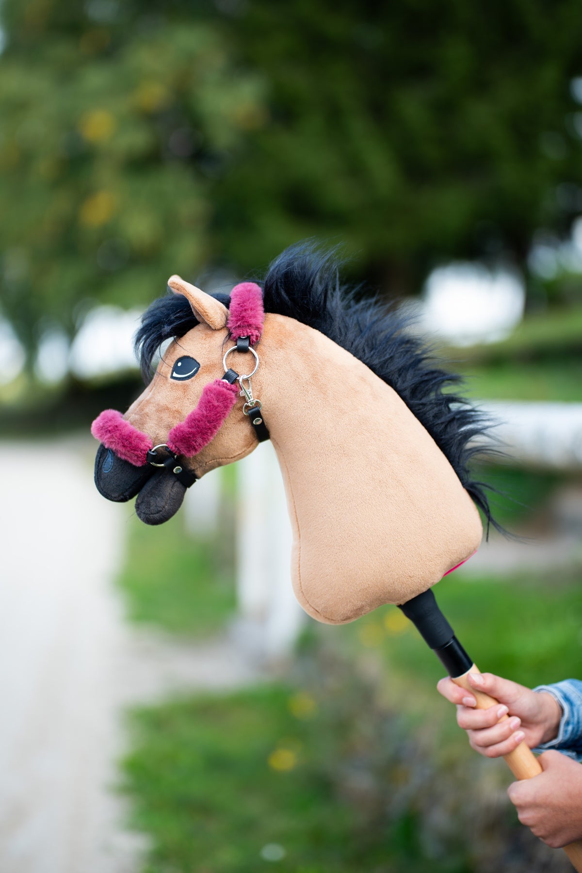 Hobby Horse Cookie i sort grime med hindbærfarvet pels og pjusket sort manke, holdt op foran træer