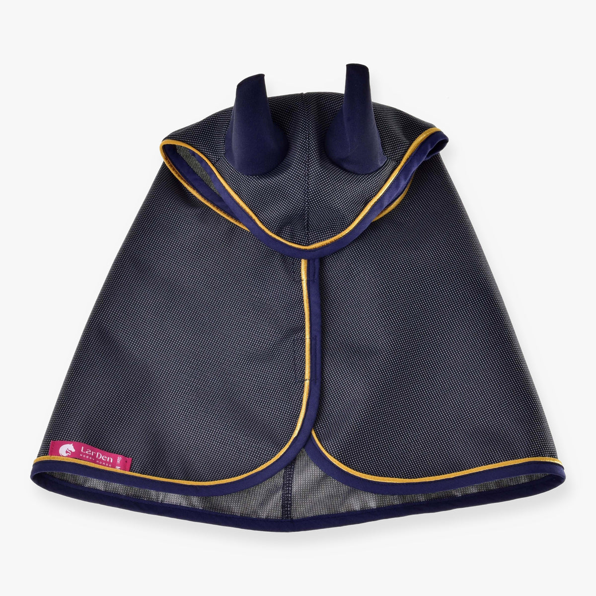 Hobby Horse Raincoat Crone by LarDen opened out from above, navy fine-textured fabric with navy ears and golden piping