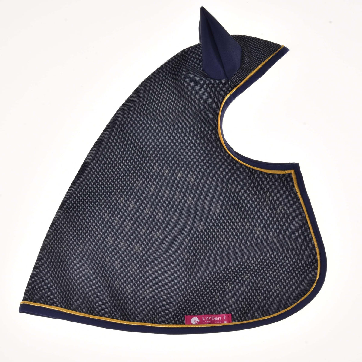 Navy raincoat laid flat from the side, fine textured fabric with a navy ear cover, gold piping and a pink LarDen label