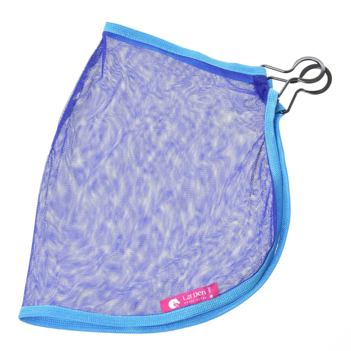 The Hobby Horse LarDen Fly sheet is shown on a white background—it’s a blue mesh bag with turquoise trim, metal top-corner clip, and a small pink label, ideal for storing accessories or gear.