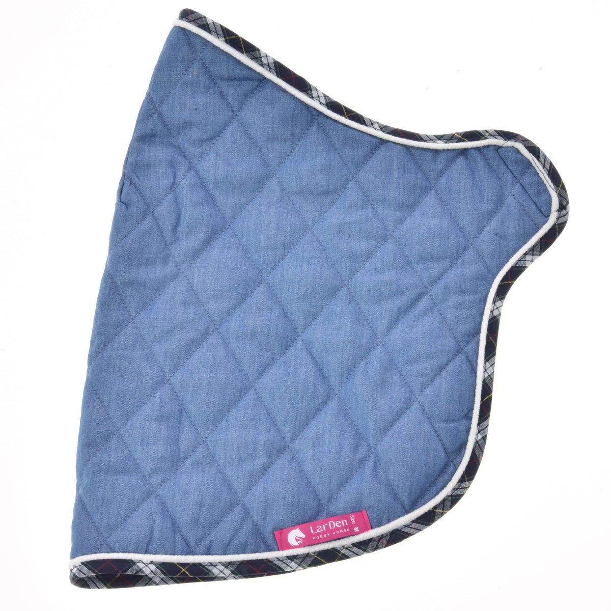 The Blanket Beautiful Jeans dog coat by Hobby Horse LarDen features blue quilted fabric, white piping, plaid edge trim, and a pink label with white text. Displayed flat on a white background.