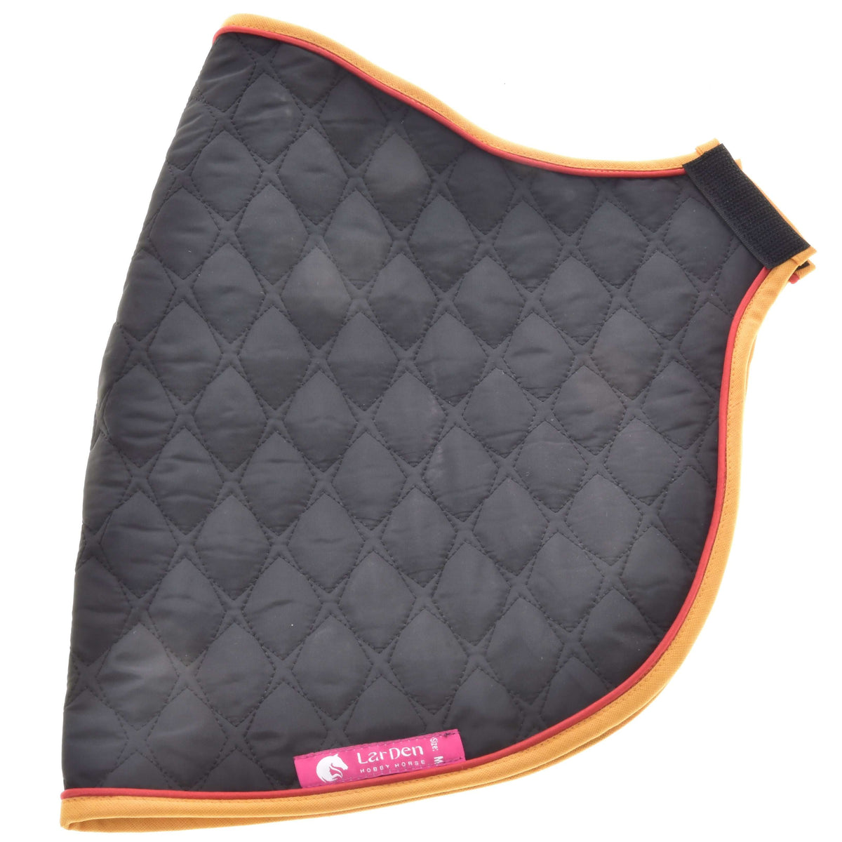 A black, diamond-quilted Blanket Flag by Hobby Horse LarDen features orange trim, a pink LeMieux tag on the bottom edge, and a black strap at the top right corner.