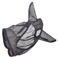 The Fly Mask De Luxe Grey by Hobby Horse LarDen is a washable mesh fly mask for horses, featuring fabric shaped like animal ears and fins to shield your horse's face from insects. It appears isolated on a white background.