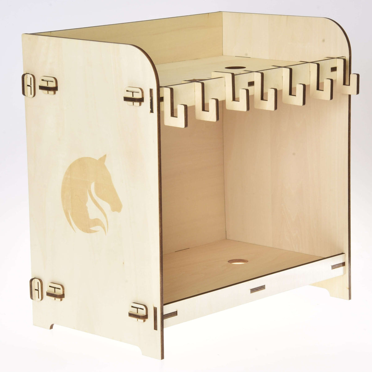 The Hobby Horse LarDen Stable for 2 Hobby Horses features a horse head silhouette on the side, multiple hooks along the top for hanging, and an open shelf space below.