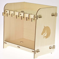 The Hobby Horse LarDen "Stable for 2 Hobby Horses" is a wooden plywood stand with a horse head design, multiple hooks along the top, and an open lower shelf—ideal for organizing or storing hobby horses and related items.